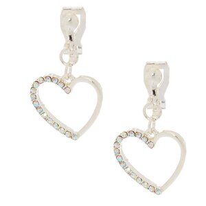 Silver 1" Heart Clip-On Drop Earrings